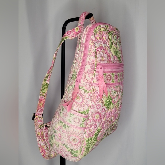 Vera Bradley Pink Green Floral Quilted Backpack | Lightweight Zip Bag - Picture 3 of 7